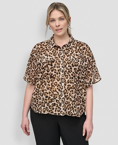 Dkny Plus Animal Print Short-Sleeve Button-Front Shirt
