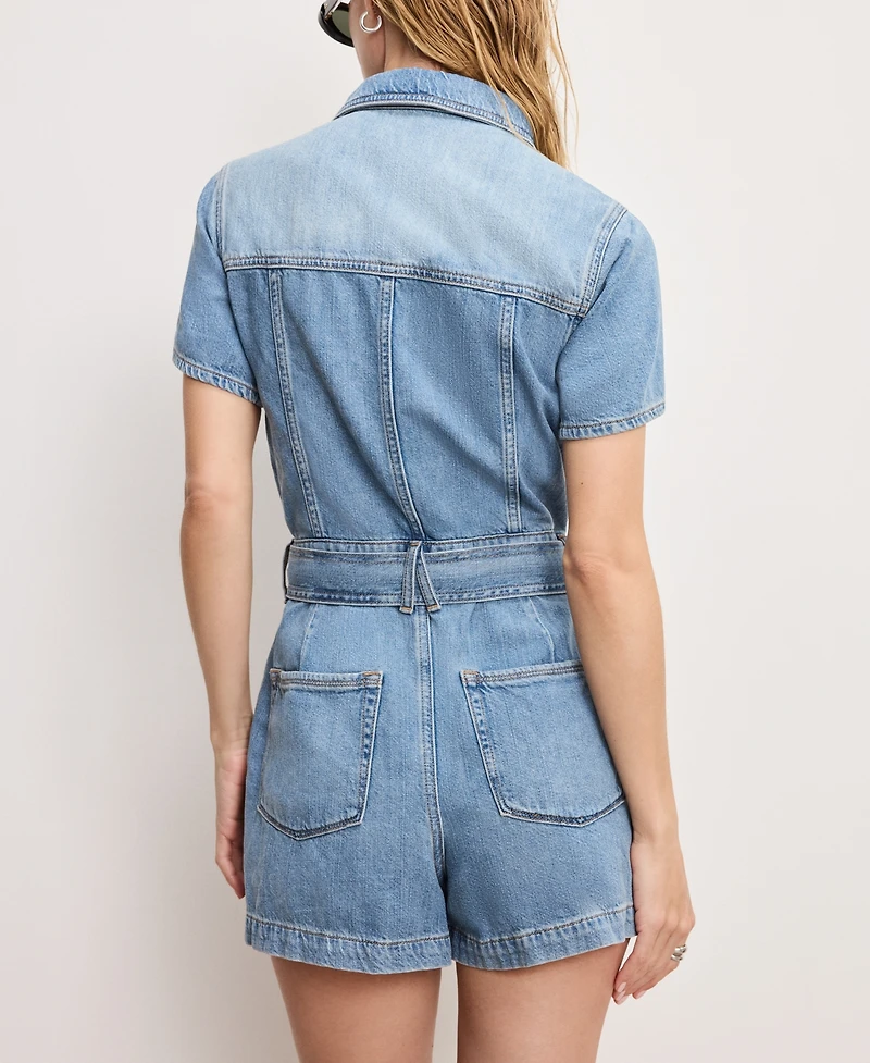 Good American Women's Fit For Success Lite Denim Short-Sleeve Romper