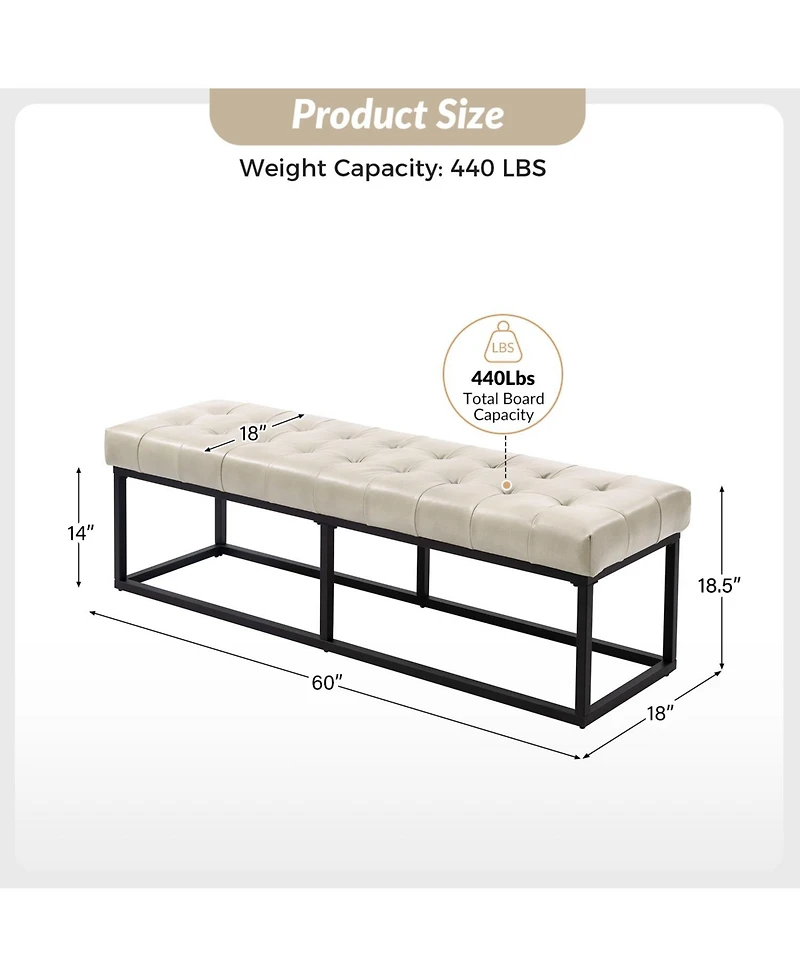 Narciso 60" Wide Bedroom Bench with Genuine Leather Top Cushion and Metal Base