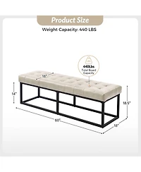 Narciso 60" Wide Bedroom Bench with Genuine Leather Top Cushion and Metal Base