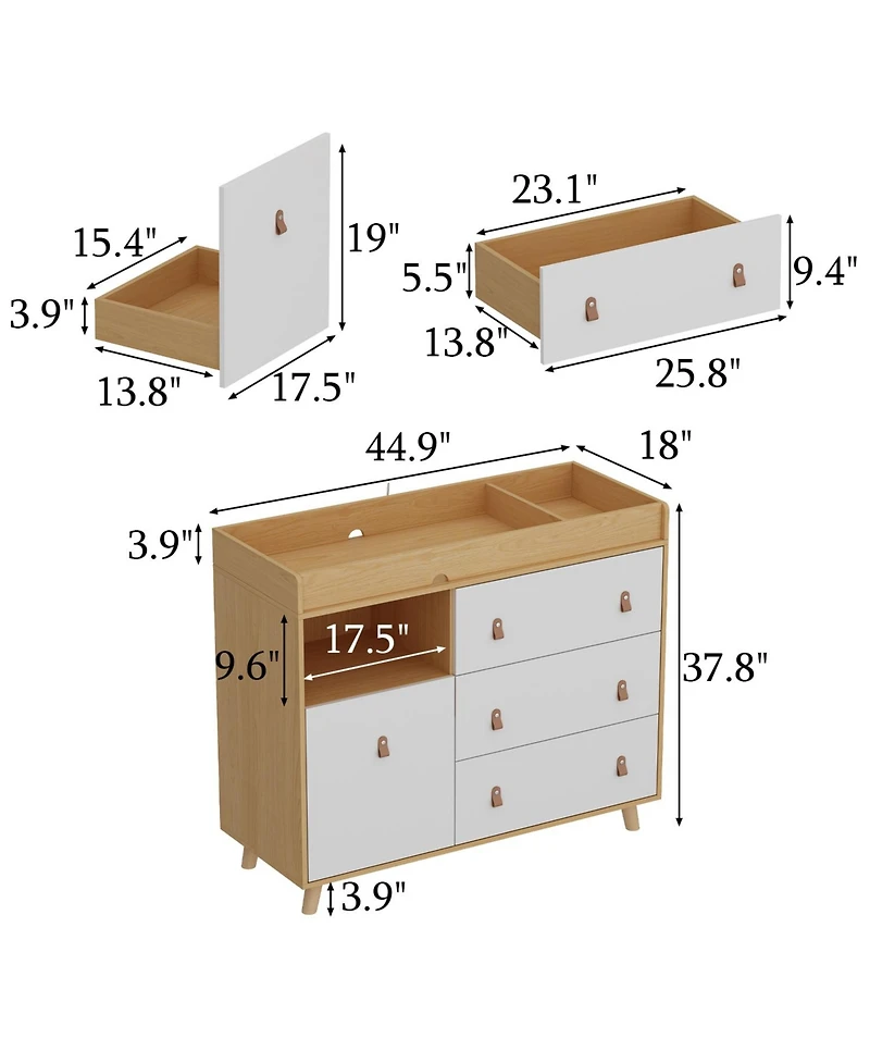 Diaper table with three drawers, baby changing station with multiple storage compartments, natural wood