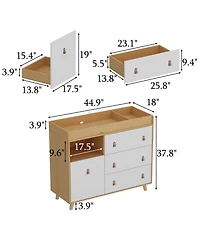 Diaper table with three drawers, baby changing station with multiple storage compartments, natural wood