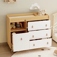 Diaper table with three drawers, baby changing station with multiple storage compartments, natural wood