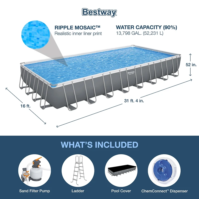 Bestway Power Steel 24' x 12' x 52" Rectangular Above Ground Swimming Pool Set