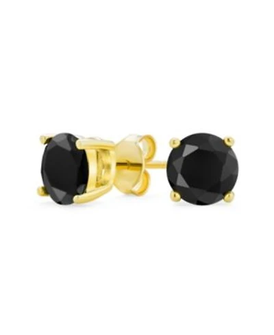 Bling Jewelry Black Round Stud Earrings Cubic Zirconia Solitaire Cz Gold Plated .925 Sterling Silver