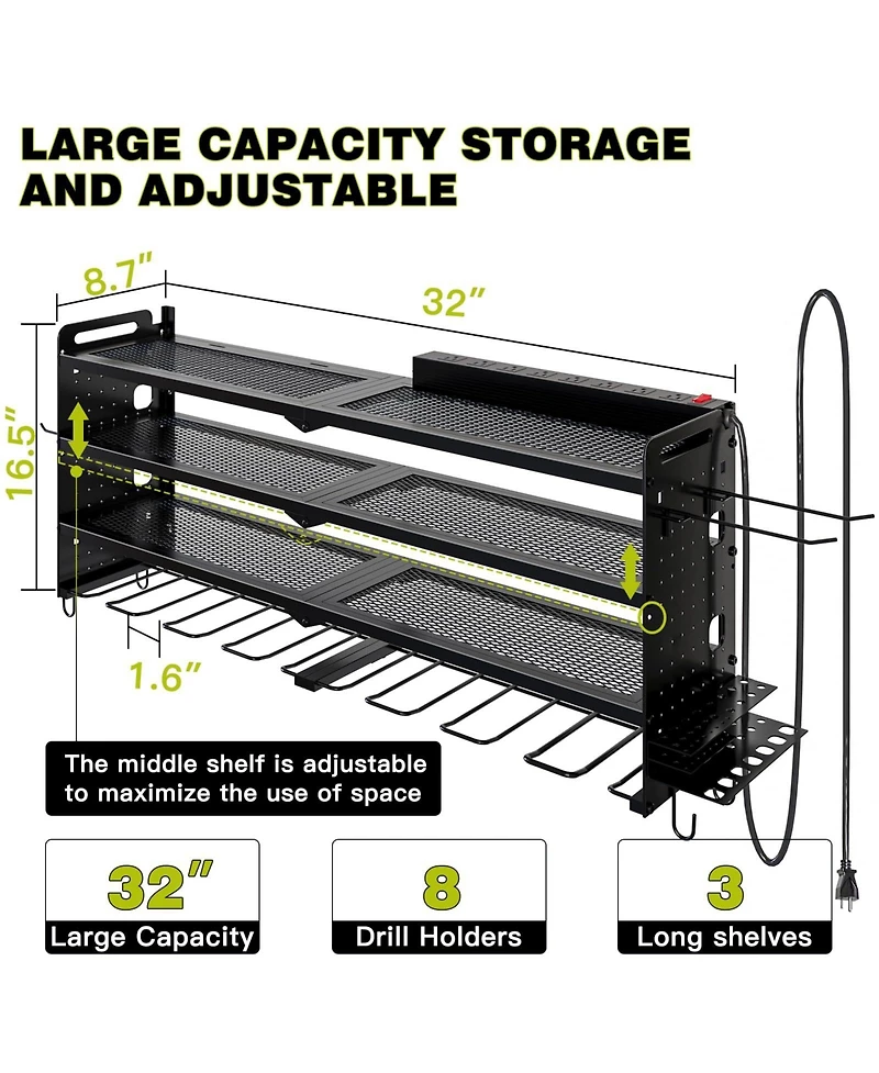 Hausource 4-Tier Power Tool Organizer Wall Mount Tool Storage Workbench W/8 Drill Holder Utility Shelving,Black