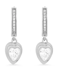 Steeltime Women's Brass Simulated Diamonds Dangling Charm Heart Huggie Earrings