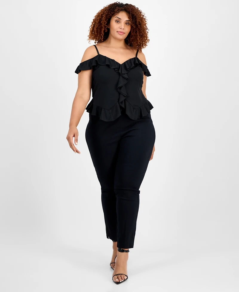 Bar Iii Trendy Plus Ruffled Cold-Shoulder Mesh Top, Exclusively at Macy's