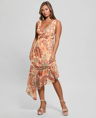 Guess Women's Sabrina Printed Asymmetric-Ruffle-Hem Dress