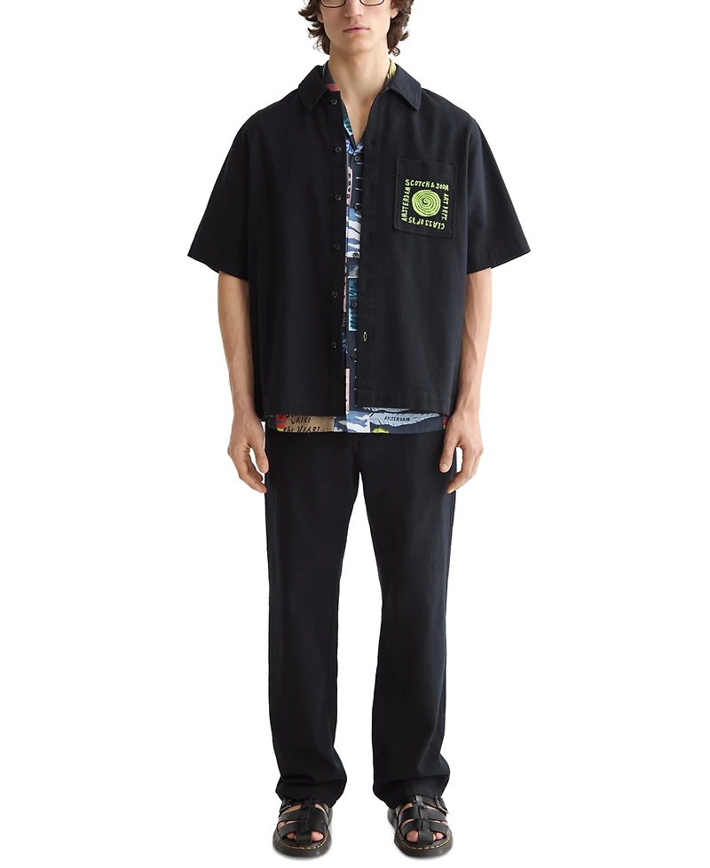 Scotch & Soda Men's Tailored Fit Short Sleeve Button Front Embroidered Pocket Shirt