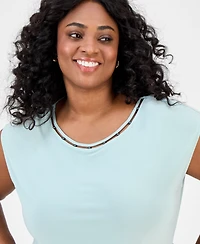 Kasper Plus Beaded-Neckline Short-Sleeve Top