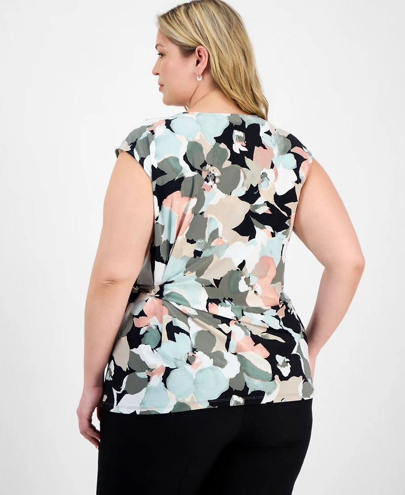 Kasper Plus Floral-Print Side-Tie Top