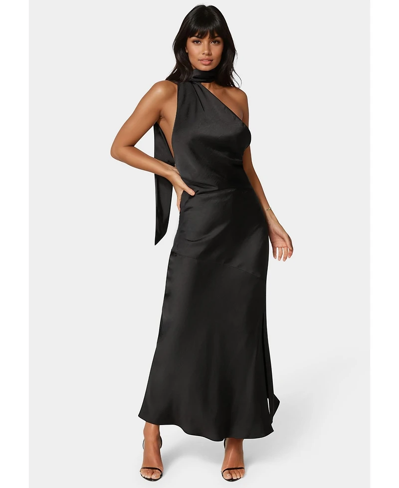 Bebe Women's Sash Neck One Shoulder Satin Midi Dress