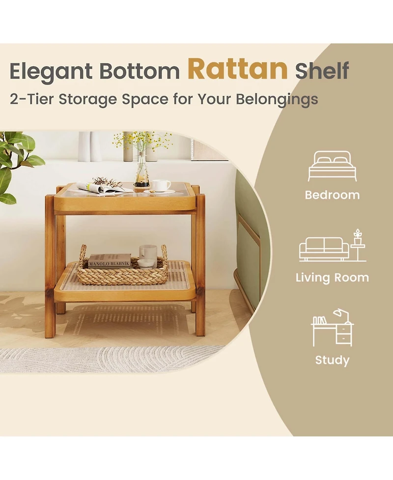 Pcs End Table with Tempered Glass Top Acacia Wood Legs Rattan Storage Shelf