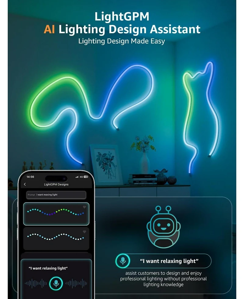 Lepro N1 Ai Smart Rgb Rope Lights, LightBeats Music Sync, Color Segment Diy, Voice Control Via App