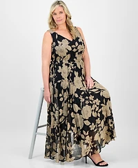 Taylor Plus Printed Tie-Waist Pleated Maxi Dress