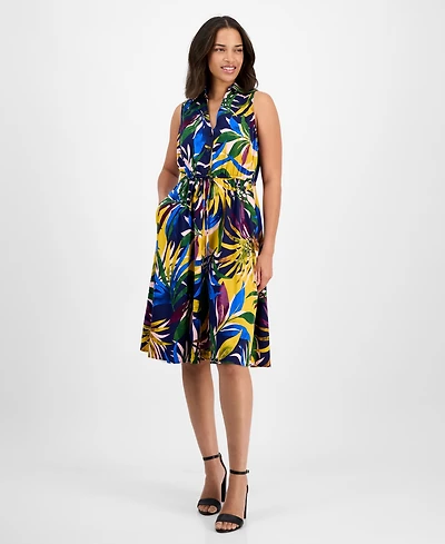 Sandra Darren Petite Printed Sleeveless Collared Shirtdress