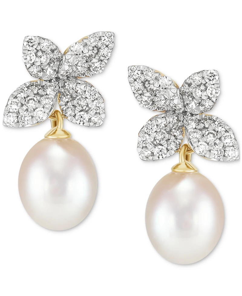 Grown With Love Cultured Freshwater Oval Pearl (6 - 6-1/2mm) & Lab Grown Diamond (1/2 ct. t.w.) Floral Drop Earrings in 14k Gold