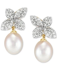 Grown With Love Cultured Freshwater Oval Pearl (6 - 6-1/2mm) & Lab Grown Diamond (1/2 ct. t.w.) Floral Drop Earrings in 14k Gold
