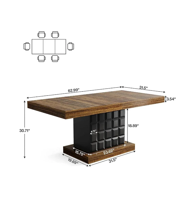 Tribesigns 63'' Dining Table for 4-6, Farmhouse Wooden Rectangular Dinner Table with Geometric Relief, Pedestal Base