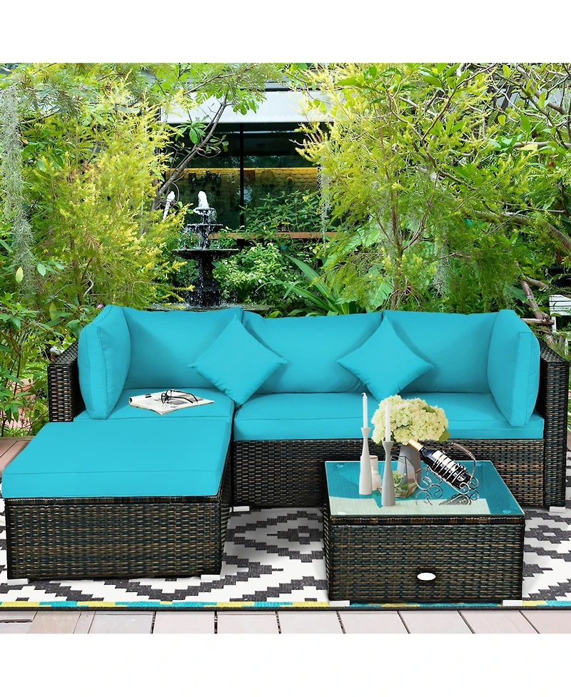 Gymax 5PCS Rattan Patio Conversation Set Outdoor Furniture Set w/ Ottoman Turquoise Cushion