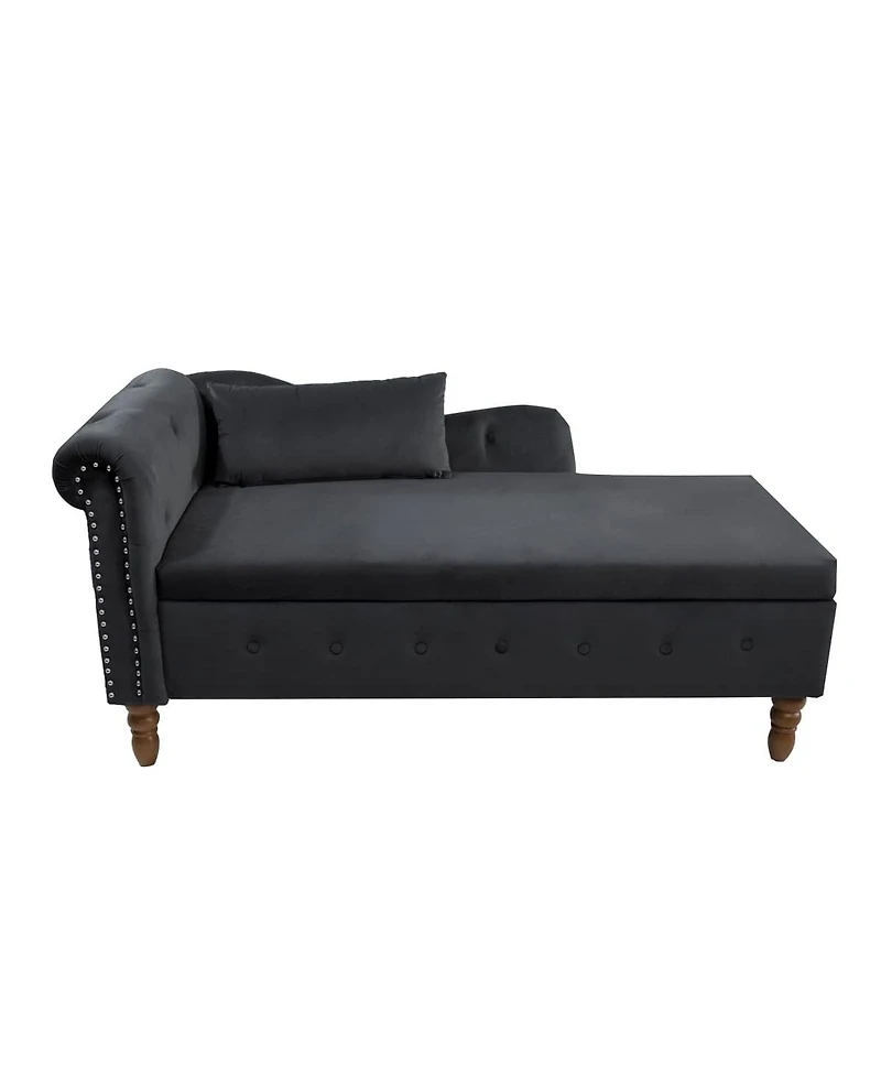 Velvet Upholstered Chaise Lounge with Storage and Pillow, Tufted Rolled Arm Chair Nailhead Trim for Living Room or Bedroom-The Pop Home