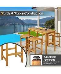 7 Pcs Acacia Wood Bar Table Set 45" Rectangular Dining Table & 6 Saddle Stools