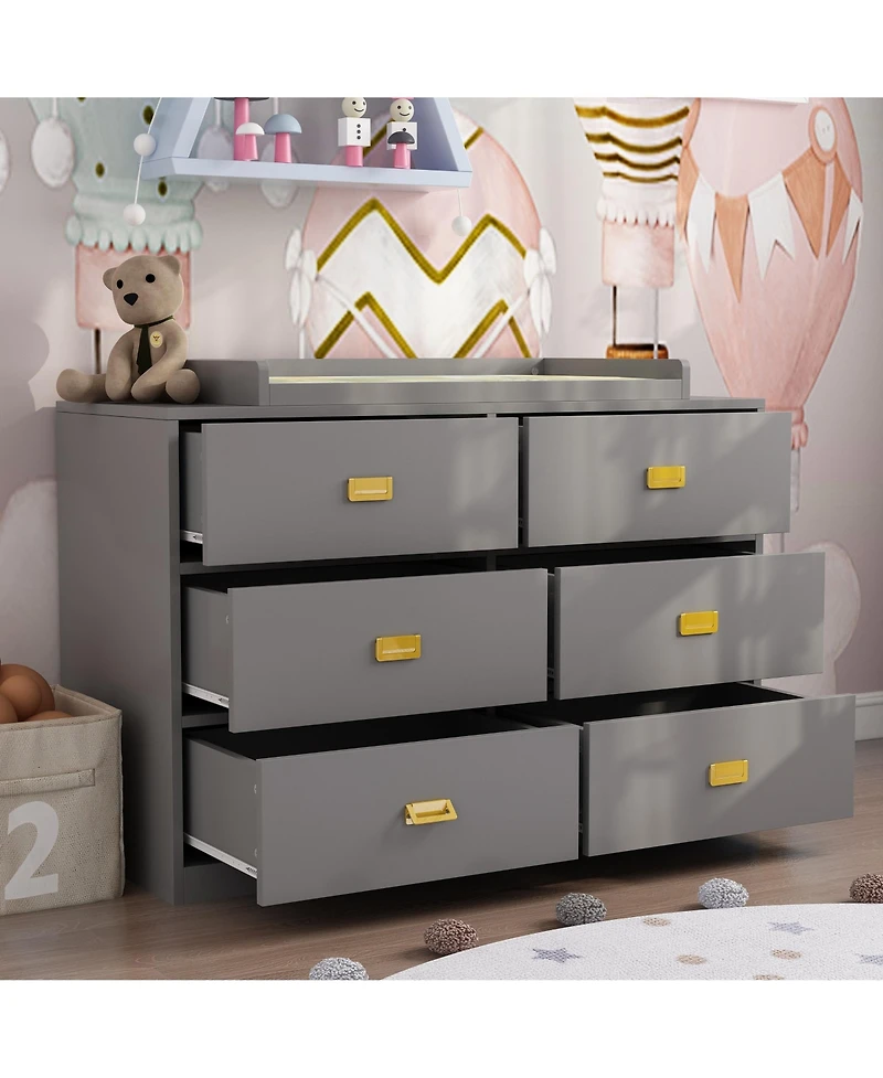 Changing table with six drawers, baby changing station with changing table top and drawers
