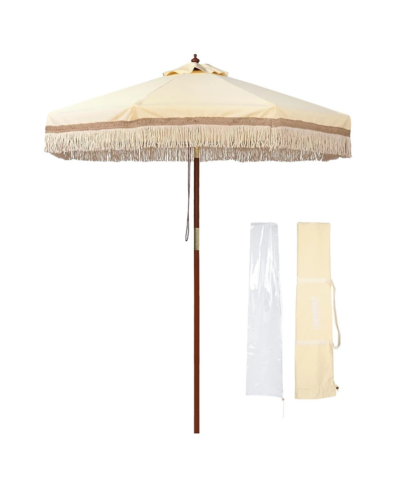 LAGarden Boho 7' Fringe Patio Umbrella with Tassels UPF50+ Boho Style 5-Year-Non-Fading for Outdoor Yard Butter Twisted Root