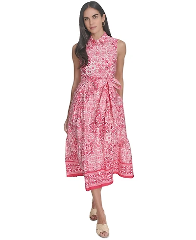 Jessica Howard Petite Printed Tie-Waist Sleeveless Midi Dress