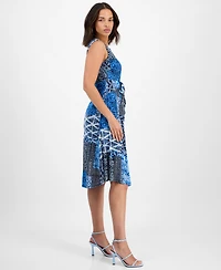 Robbie Bee Petite Printed Tie-Waist Sleeveless Dress