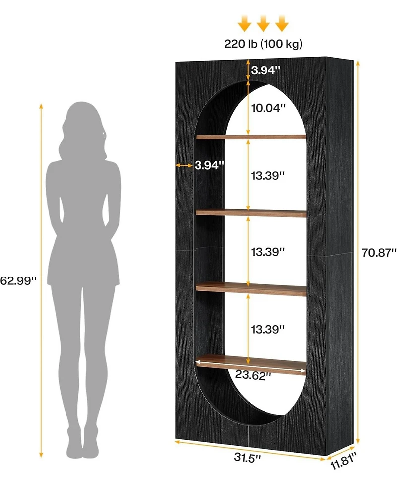 Tribesigns 5-Tier Black Arched Bookshelf, 70.87-Inch Tall Arch Bookcase with Storage, Modern Book Shelf Storage Organizer for Living Room, Home Office