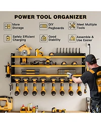 Hausource 4-Tier Power Tool Organizer Wall Mount Tool Storage Workbench W/8 Drill Holder Utility Shelving,Yellow