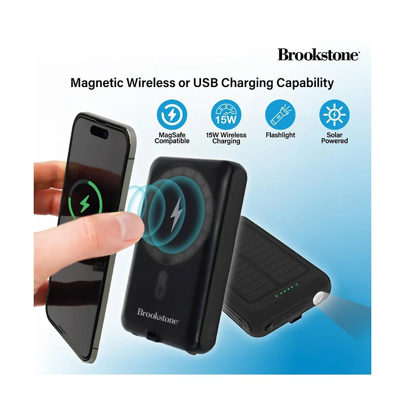 Brookstone 5,000mAh Solar Powered Magsafe Wireless Charging Multi-Port Power bank with Built-In Flash Light