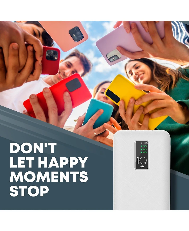 GabbaGoods 10,000mAh Rapid Charging Power Bank with Lcd Battery Display, 4 Built-In Cables, and Phone Stand