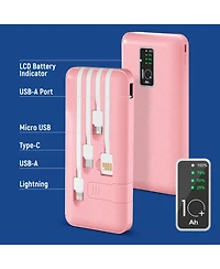 GabbaGoods 10,000mAh Rapid Charging Power Bank with Lcd Battery Display, 4 Built-In Cables, and Phone Stand