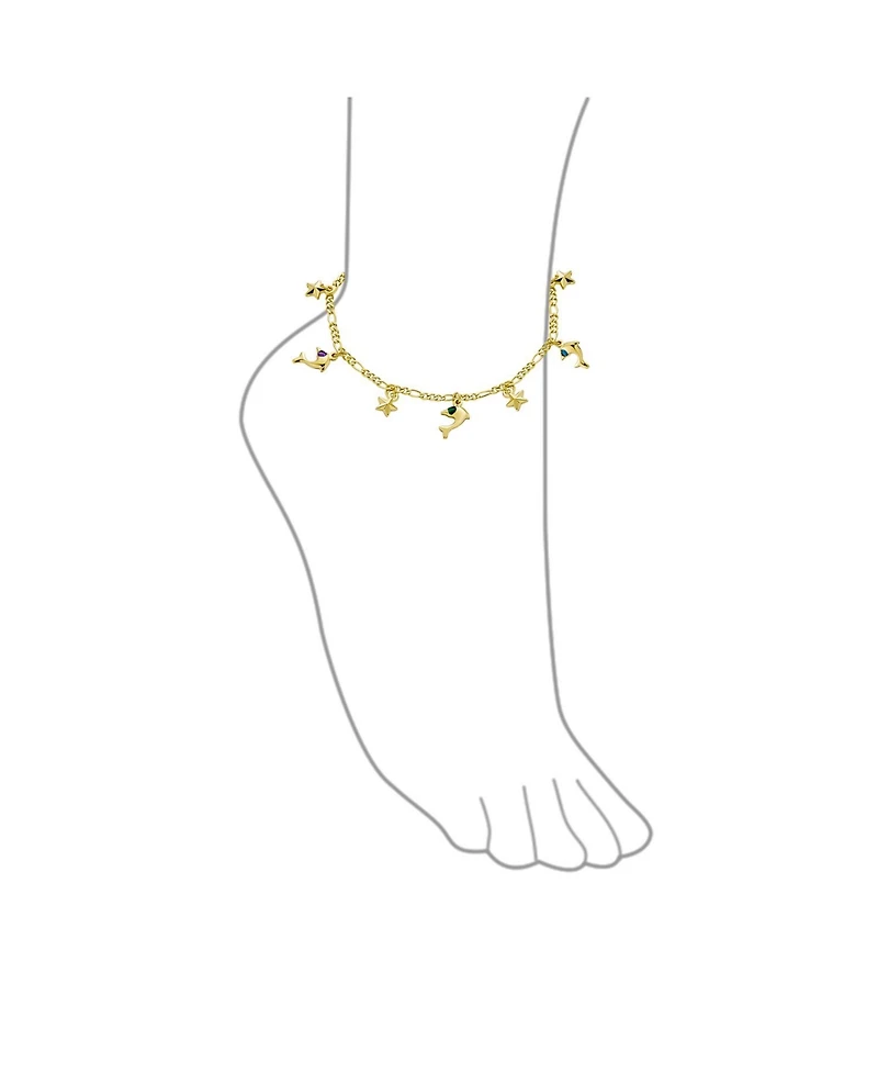 Bling Jewelry Tropical Vacation Honeymoon Jewelry Nautical Stars & Dolphin Charm Anklet Rolo Chain Ankle Bracelets 18K Gold Plated 10 Inch