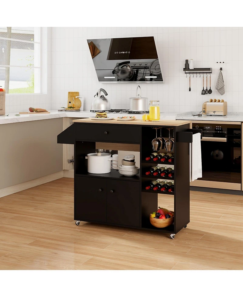 Drop Leaf Mobile Kitchen Island Cart with Power Outlet and Adjustable Shelf