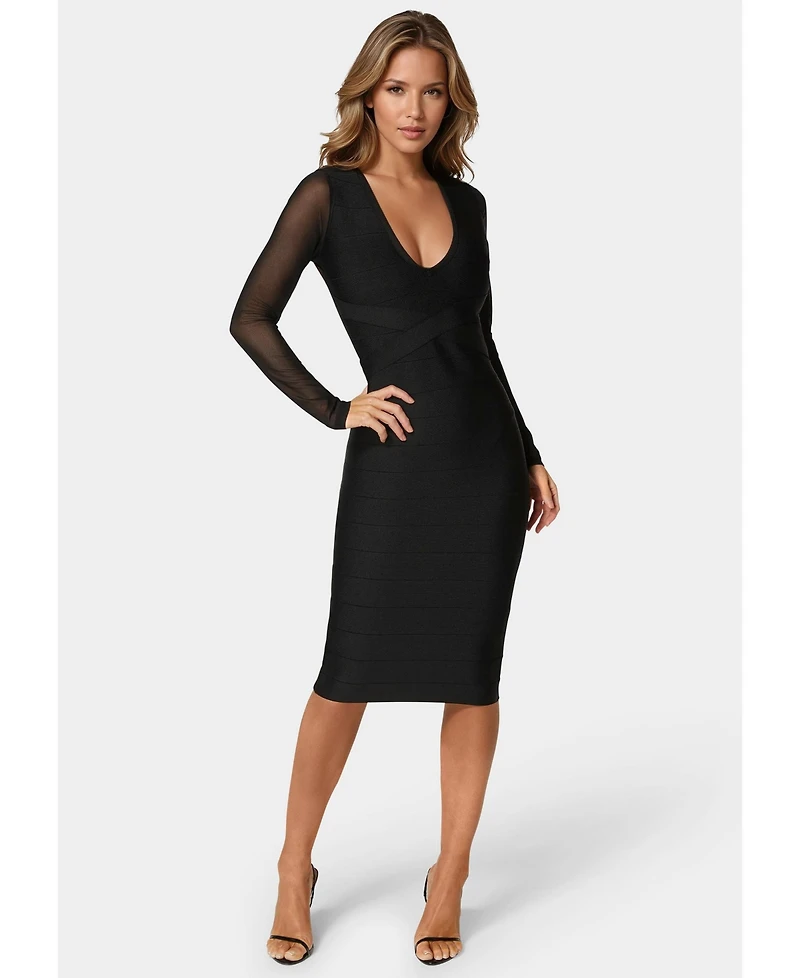 Bebe Women's V-Neck Bandage Dress with Illusion Sleeve