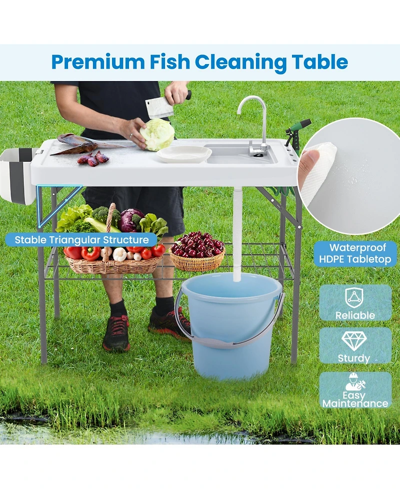 2 in 1 Folding Fish Cleaning Table with Sink and Faucet for Patio Bbq