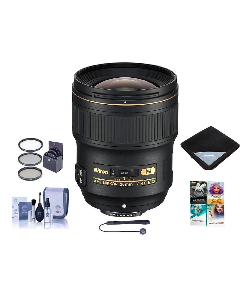 Nikon 28mm f/1.4E Af-s Nikkor Lens, Bundle with ProOptic 77mm Filter Kit, Cleaning Kit, Lens Wrap, Lens Cap Tether, Pc Software Kit