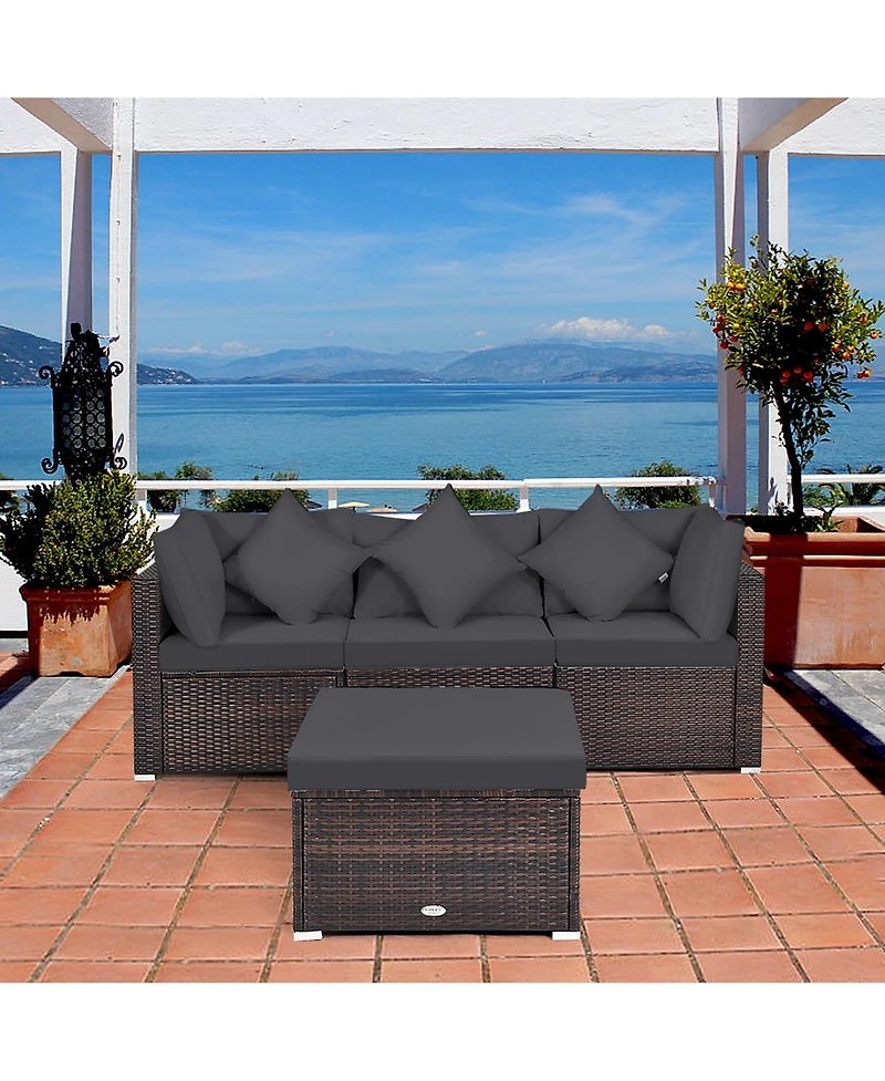 Gymax 4PCS Rattan Patio Conversation Furniture Set Yard Outdoor w/ Grey Cushion
