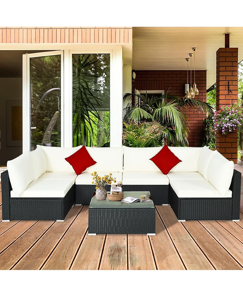 Gymax 7PCS Rattan Patio Conversation Sectional Furniture Set w/ Cushion Pillow