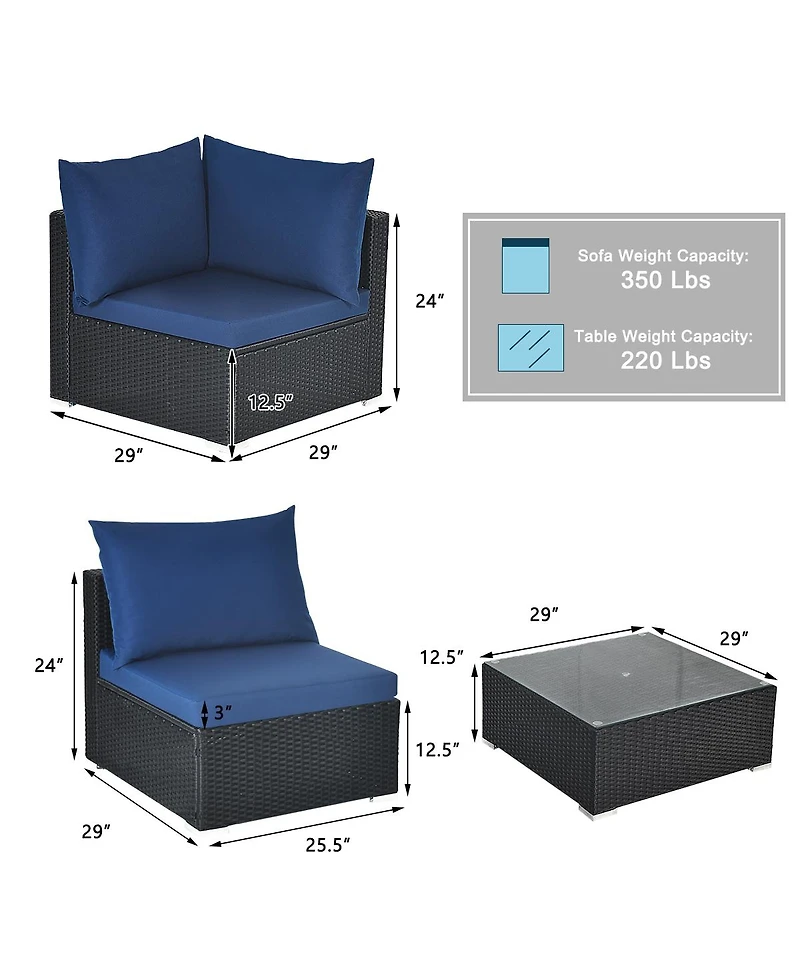 Gymax 7PCS Rattan Patio Conversation Set Sectional Furniture Set w/ Navy Cushion