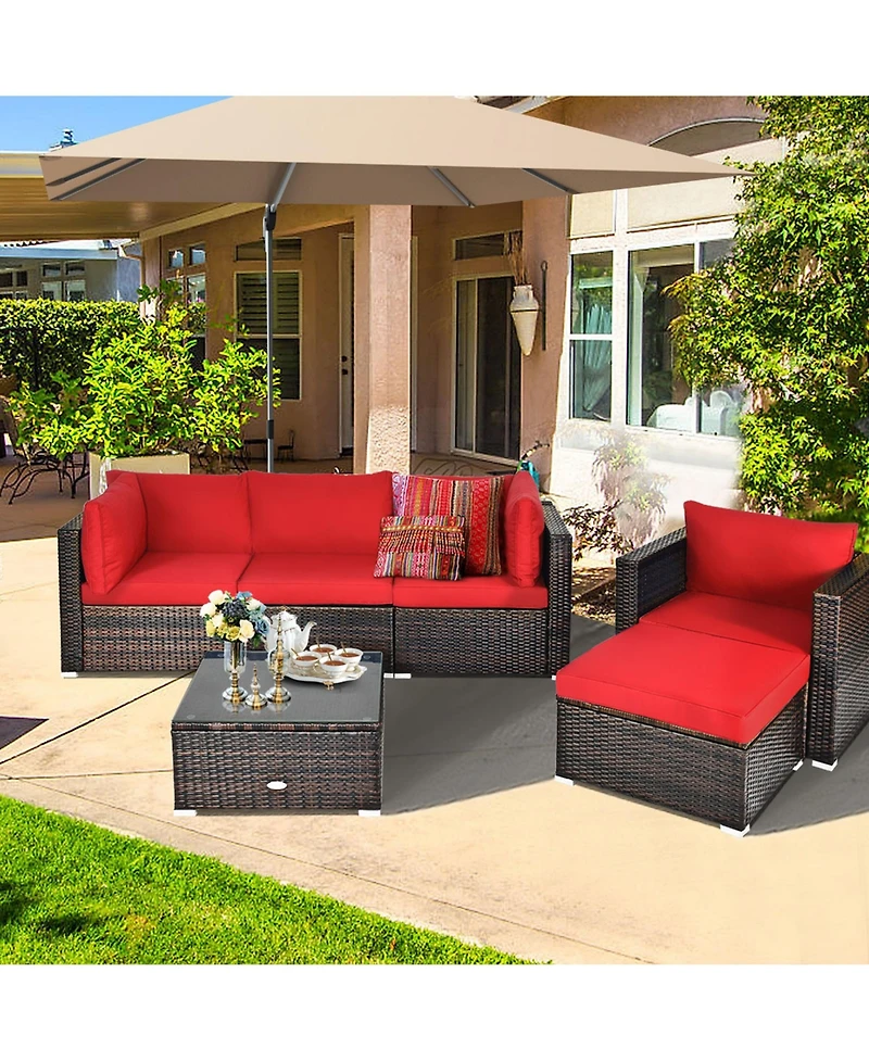 Gymax 6PCS Patio Conversation Set Rattan Sectional Furniture Set w/ Red Cushions