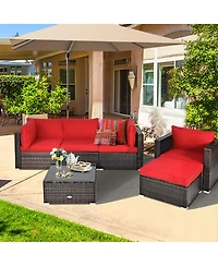Gymax 6PCS Patio Conversation Set Rattan Sectional Furniture Set w/ Red Cushions