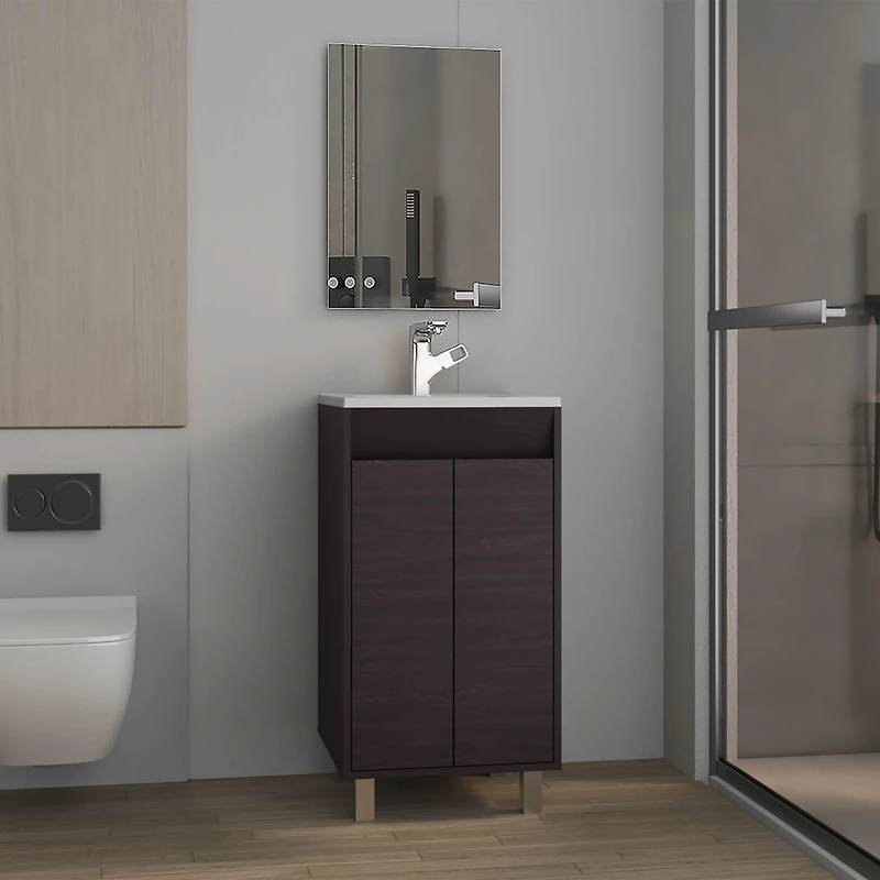 Ingold Bathroom Set, Cabinet with Sink + Mirror, 2 Doors, 4 Legs, Shelves, 1 White