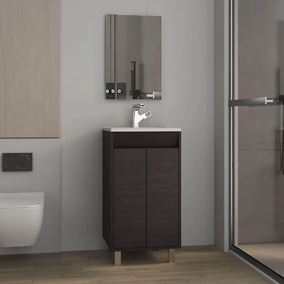 Ingold Bathroom Set, Cabinet with Sink + Mirror, 2 Doors, 4 Legs, Shelves, 1 White