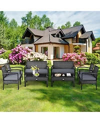 Gymax 8PCS Patio Wicker Rattan Conversation Set Outdoor Furniture Set w/ Cushion