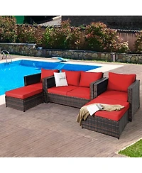 Gymax 5PCS Outdoor Patio Rattan Conversation Sofa Furniture Set w/ Red Cushions